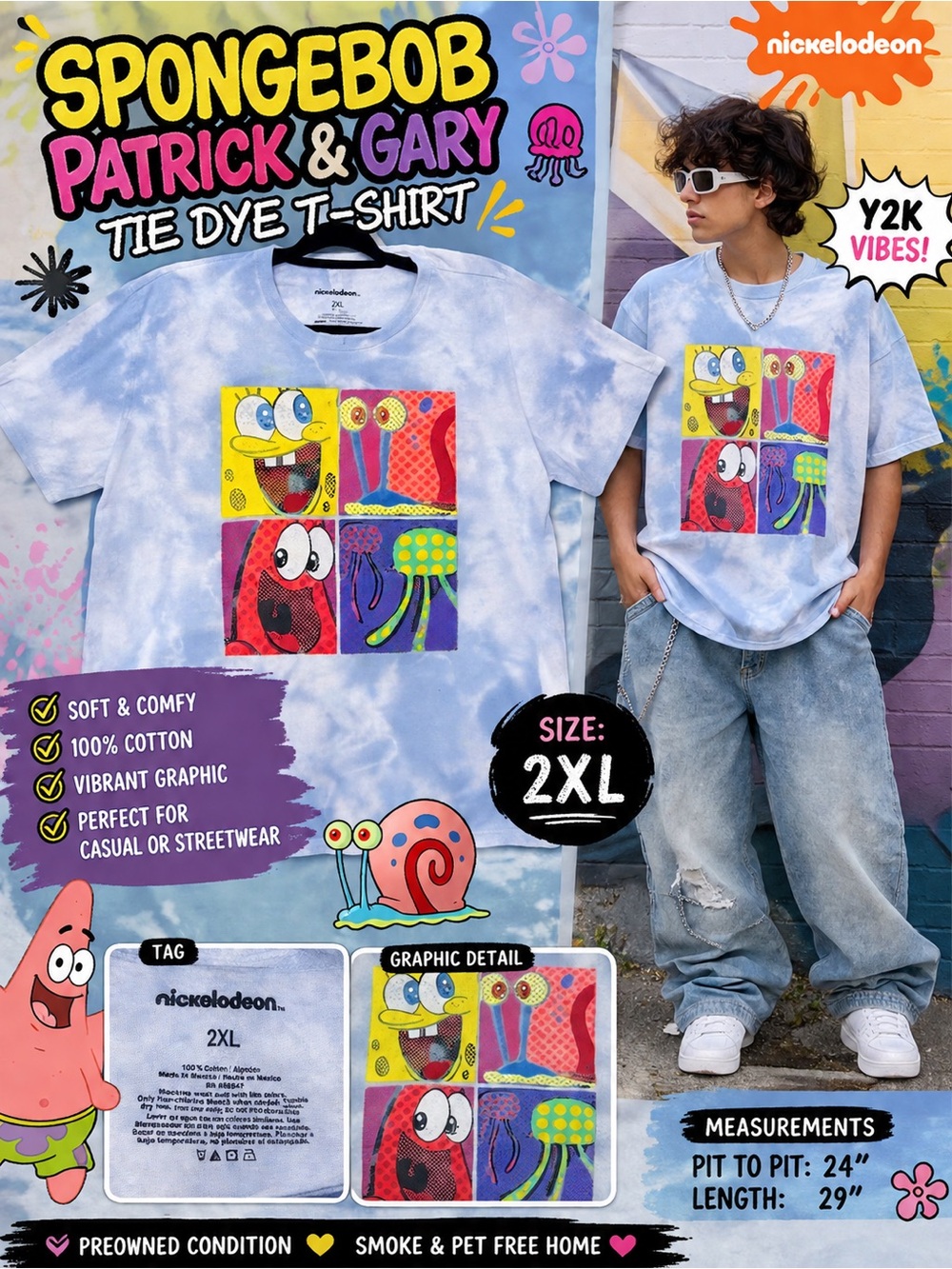 Nickelodeon SpongeBob Patrick Gary Tie Dye Graphic T-Shirt Size 2XL